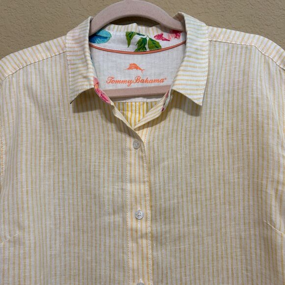 Tommy Bahama 100% Linen Button Up Shirt Womens Large Yellow White Coastal Beachy - Picture 4 of 7